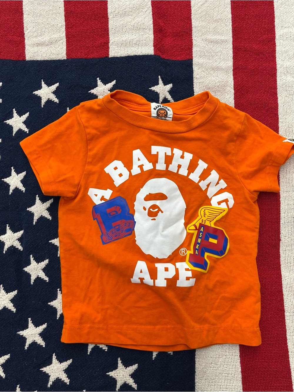 Bape Kids Orange Short Sleeve Logo Tee - A Bathing Ape Infant Size 90 9/12 Month